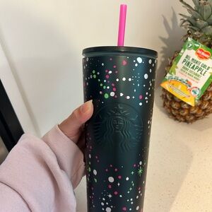 Starbucks Christmas Exclusive Black Tumbler with Pink Straw and Colorful Dots